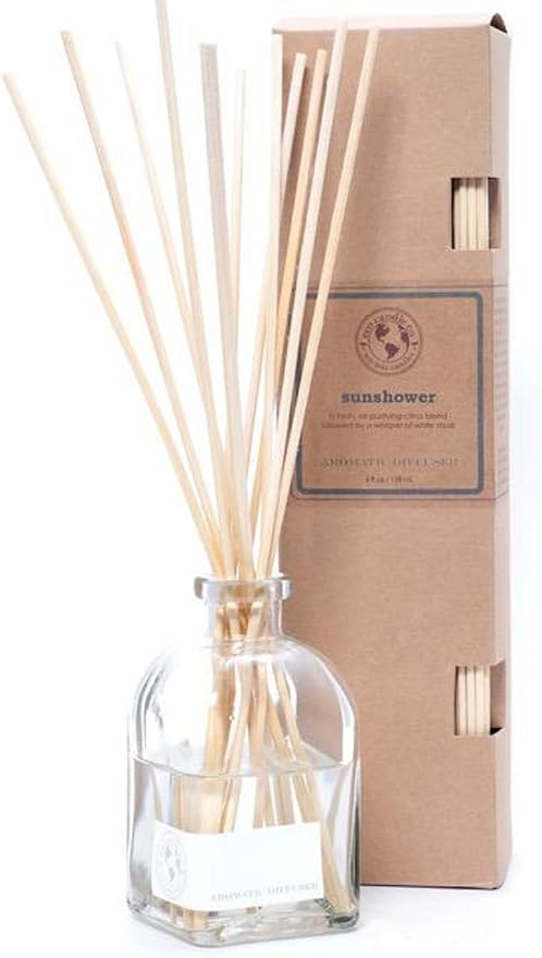 ECO CANDLE CO. Reed Diffuser Set, Sunshower, 4 oz. - Scents of Citrus & Musk - Premium Phthalate Free Fragrance and Essential Oil Blends, Clear Glass, 12 Reed Sticks, Recycled Kraft Box