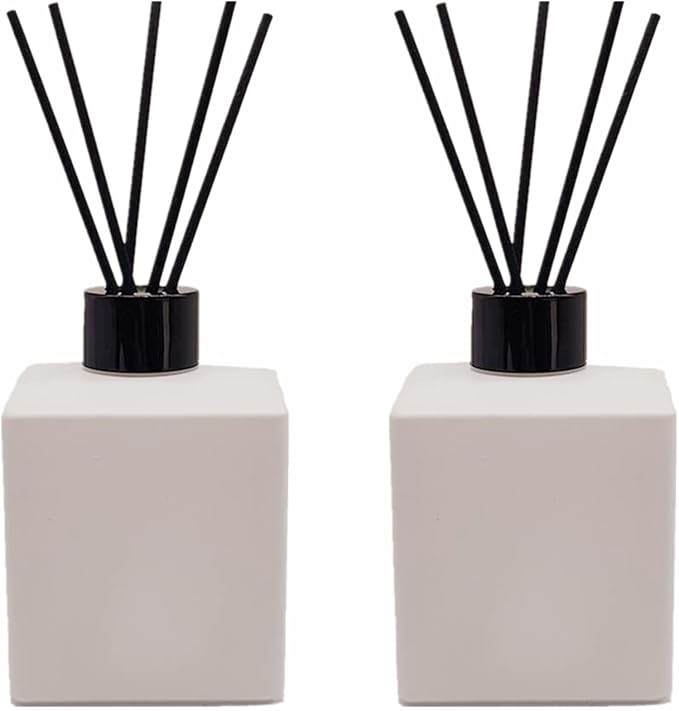 2PCS 200ml Reed Glass Diffuser Set，Essential Oil Container,6.7oz Refillable Empty Glass Bottles with Sticks,Diffuser Jars for Home Oil Fragrance Matte White (200ml Square)