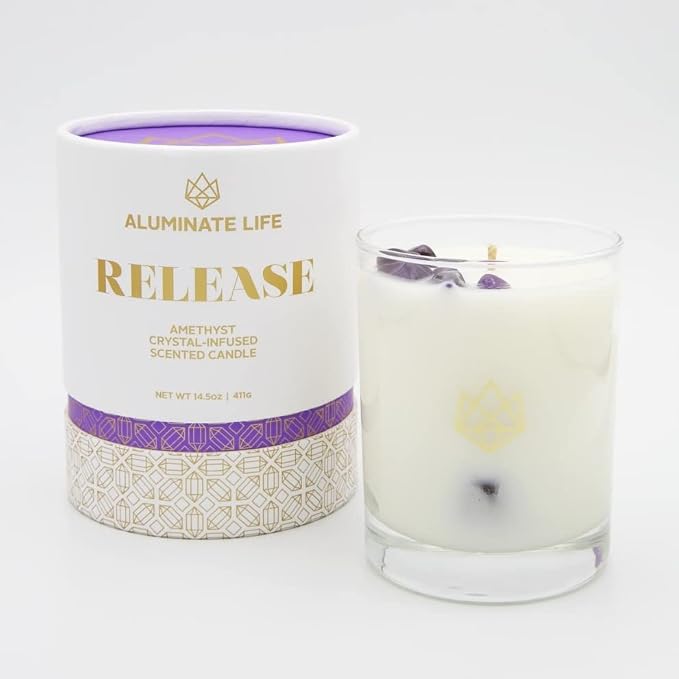 Luxury Glass Jar Candle, 14.5 OZ, Release - Amethyst Healing Crystal Infused - Scents of Lavender, Bergamot, & Frankincense - Relieve, Support, & Transform - Coconut Wax, Essential Oils