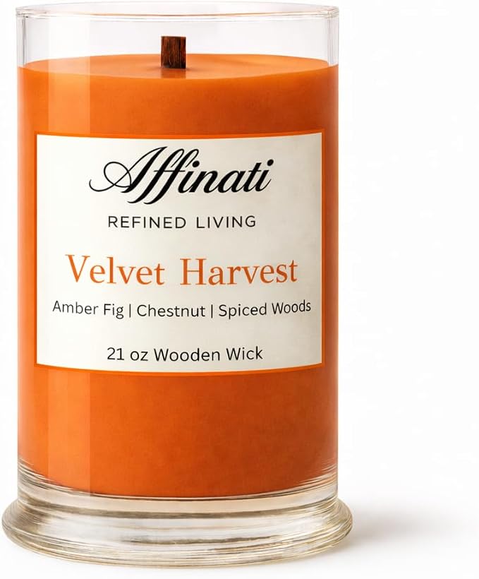Affinati Velvet Harvest Large Scented Candle, 21 oz Wooden Wick Tumbler – Highly Fragrant Premium Long Lasting Autumn Fragrance, Soy Blend