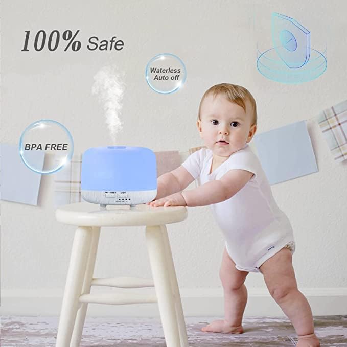 Aromatherapy Diffuser for Essential Oil, 300ml Cool Mist Humidifier with Remote Control, Aroma Diffusers for Home with Waterless Safety Switch & 14 LED Colors White Wood Base