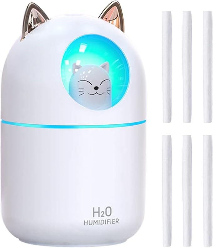 Cute Portable Cool Mist Humidifier with 7 Color Night Light and 6 Filter Cotton Sticks for Bedroom, Office, Desk, Car or Travel (White)