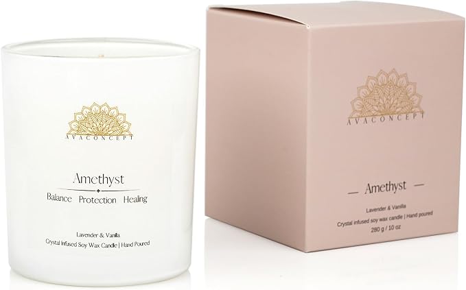 AvaConcept Amethyst Crystal Candle – 10oz / 280g | Lavender & Vanilla Aromatherapy | Hand-Poured Soy Wax | Genuine Healing Crystals Embedded | Balance, Protection & Healing | Pink Gift Box Included