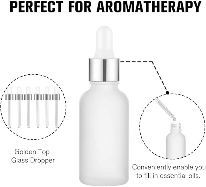 PrettyCare Glass Eye Dropper Bottles 24 Pack, 1oz (30ml) Frosted Empty Thick Bottles Bulk with Leakproof Silver Caps - With Labels & Funnels for Storage, Travel, Essential Oils, Cuticle, Tinctures