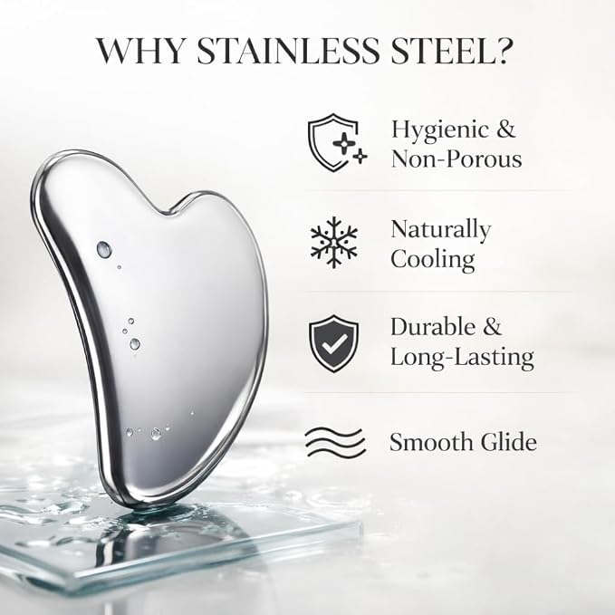 Organic Castor Oil Roll On & Stainless Steel Gua Sha Facial Tool – Metal Face Sculpting Tool, Cooling Gua Sha Oil Massage Set, Jawline Lift, Puffiness Care, Facial Oil Roller for Skin Routine