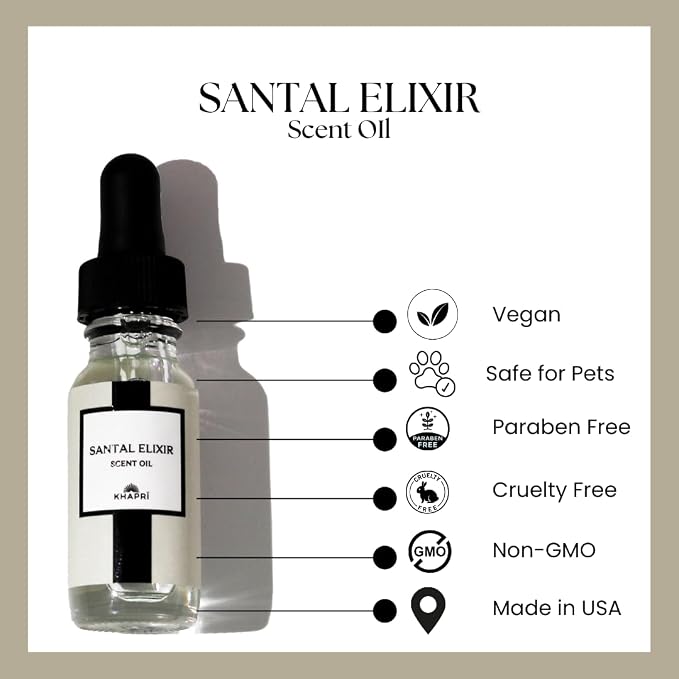 Hotel Inspired Home Perfume Collection -Santal Elixir– Premium Essential Oil Blend (15mL/0.5 fl Oz) Aroma with Geranium, Sandalwood & Cardamom | Long-Lasting, Dropper for Diffuser | Made in USA