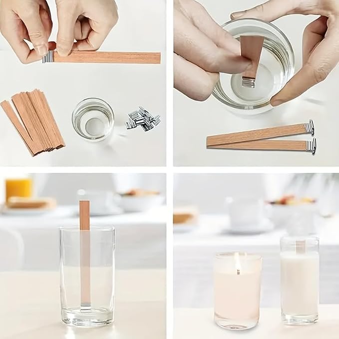 300pcs Wood Wicks for Candles Making,100pcs Wooden Candle Wicks and Base, Wick Stickers,for Soy Wax, Beeswax, Coconut Wax - DIY Candle Making Supplies for Beginners & Professionals