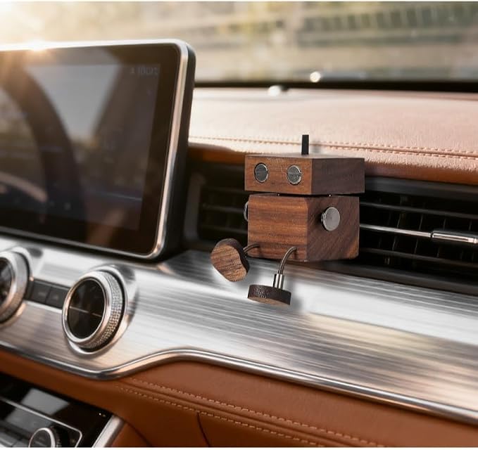 Car Air Diffuser - 2-in-1 Shaking Wooden Man Figurine & Refillable Aroma Vent Clip with 5ml Capacity + 5 Sticks, Walnut Wood Essential Oil Air Freshener Car Dashboard Accessories Decor Gift for Driver
