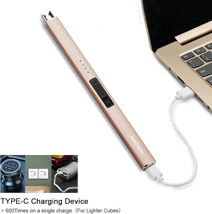 ARECTECH Electric Candle Lighter with Type-C Cable Birthday Gift for Man Women Wife Rechargeable Plasma Arc Lighters for Candle Camping Kitchen Stove Gold 2 Pack