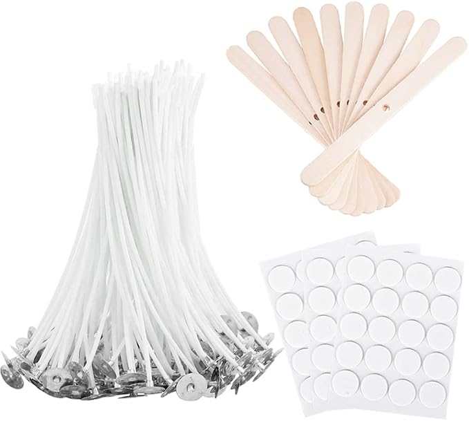 Antunihood Bulk Candle Wicks 100 Pcs with 60Pcs Candle Wick Stickers and 10 Pcs Wooden Candle Wick Centering Device for Soy Beeswax Candle Making (4inch)