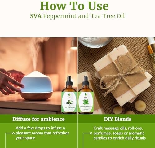 SVA Peppermint and Tea Tree Essential Oil 4 oz Bundle Super Saver Combo – Premium Grade Value Set for Hair Oiling, Scalp Massage, Hair Care, Skin Care and Body Massage