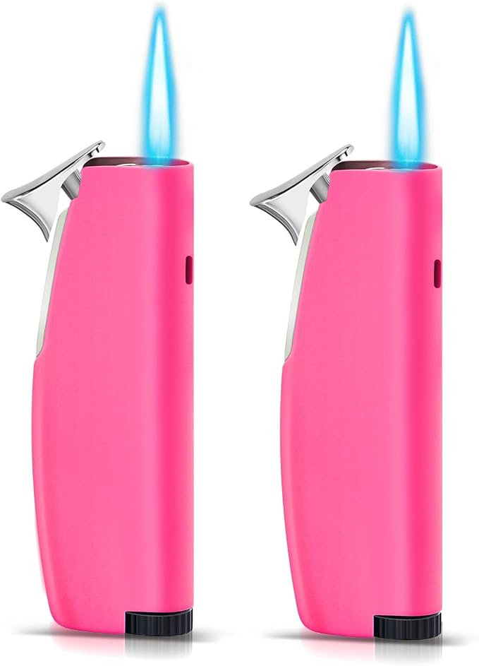 Women's Mini Butane Torch Lighter, Windproof Jet Flame Refillable Adjustable Candle Lighter for BBQ, Camping, Daily Use, Ideal Gift, 2 Pack (Pink, Butane Not Included)