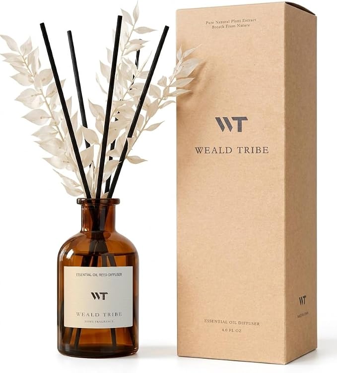 WEALD TRIBE Reed Diffuser Set for Bathroom Air Fresheners, Oil Diffuser Sticks | Hotel White Tea Scent 4.0 fl oz Home Fragrance with Sticks Defusers | House Bedroom Office Shelf Decor