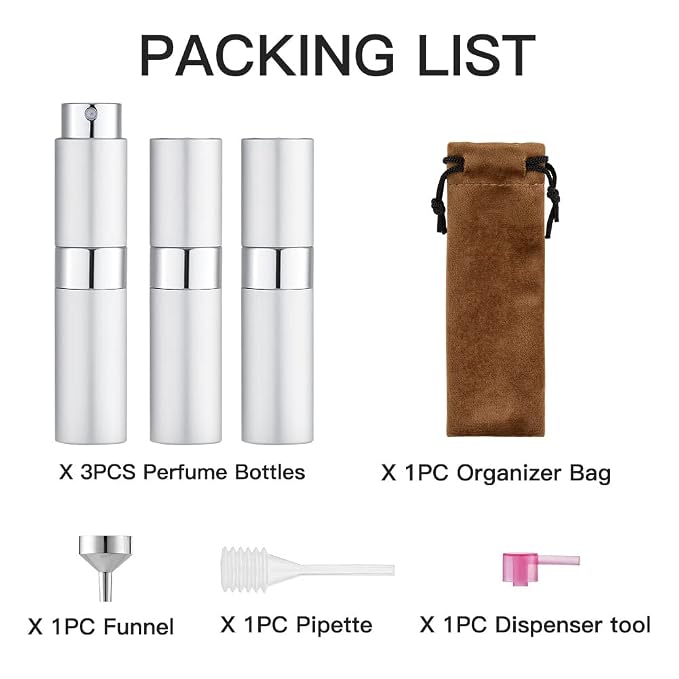 LISAPACK 8ML Atomizer Perfume Spray Bottle for Travel (3 PCS) Empty Cologne Dispenser, Portable Sprayer (Silver)