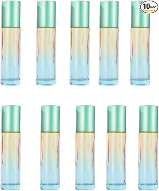 10 Packs 10ml Gradient Color Essential Oil Roller Bottles,Thick Glass Empty Refillable Roll On Bottles with Stainless Steel Roller Balls for Travel,Fragrance,Perfume, Essential Oil (Green)