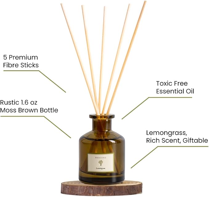 PRISTINE Lemongrass Reed Diffusers for Home & Bathroom | Fresh Lemongrass & Citronella Room Fragrance, Oil & Room Diffusers with Reeds Stick | Refreshing Home Fragrance Scent