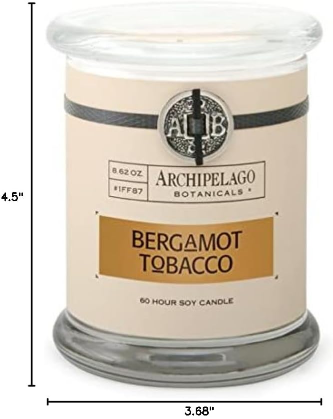 Archipelago Botanicals Scented Candle Hand-Poured Premium Wax, Burns Approx. 60 Hours, Bergamot Tobacco, Soy Candle in Glass Jar, 4.5 Inch, 8.6 oz