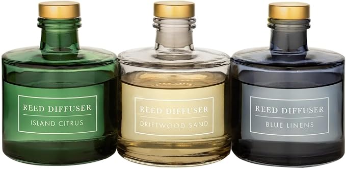 Bellevue Reed Diffuser Set, Three 6 fl oz Glass Filled Diffuser, Highly Concentrated Fragrances with Essential Oils, Home Fragrance (Island Citrus, Driftwood Sand, Blue Linens)