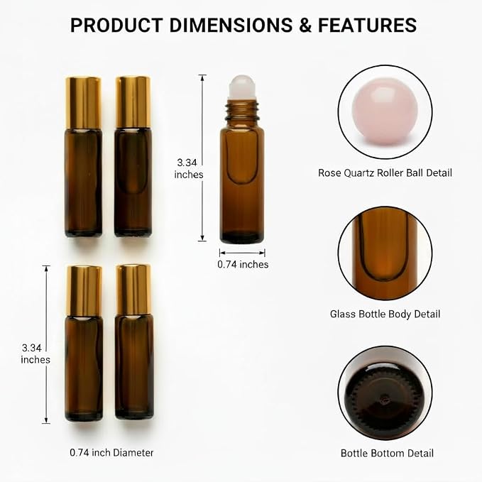4 PACK Roller Bottles with Natural Rose Quartz Balls - 10ml Refillable Amber Glass Essential Oil Roll On Kit, Leak-Proof for Travel, Aromatherapy, DIY Perfume & Gifts (10ml Pink Glod Amber Bottles)