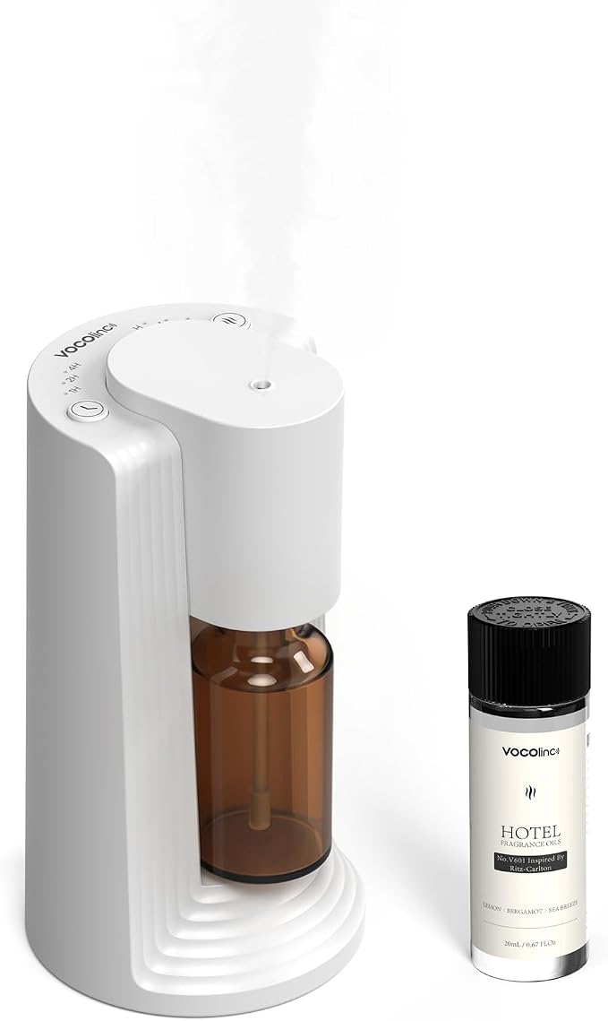 VOCOlinc Waterless Diffuser Starter Kit with 20mL Hotel Fragrance Oil, Battery Operated Diffusers, 4 Timers ＆ 3 Mist Levels, Mini Scent Air Machine for Home, Room, Car, Office (White)