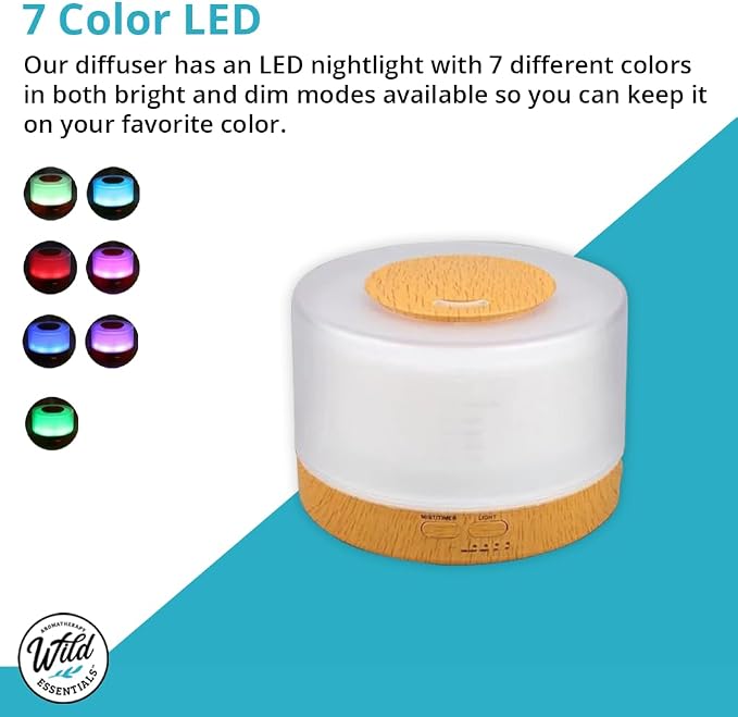 Wild Essentials 700ml Designer Large Room Essential Oil Diffuser, 5 in 1 Ultrasonic Aromatherapy Vaporizer Cool Mist Humidifier, Home, Office, Bedroom, Timer, Auto-Off, 7 Color LED (Wood and White)