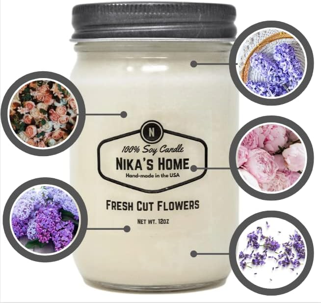 Nika's Home Fresh Cut Flowers Soy Candle - 12oz Mason Jar - Non-Toxic - Hand Poured in The USA, Long Burning 50-60 Hours Highly Scented All Natural, Clean Burning