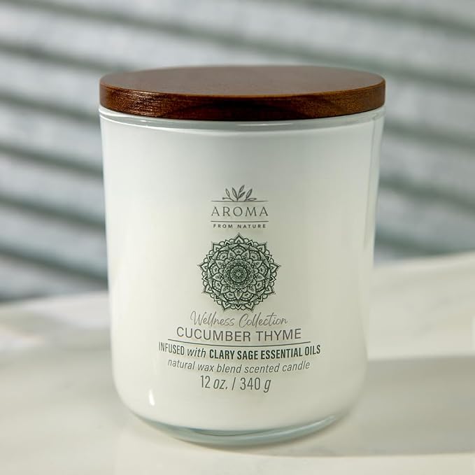 House of Velas, Aroma from Nature Wellness Collection Candle, 12 oz, 2 Cotton Wicks, Cucumber Thyme, Large Painted Jar