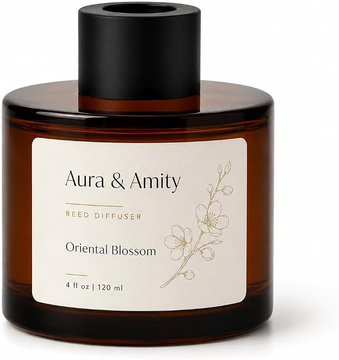 Aura & Amity Luxury Reed Diffuser Set, Oriental Blossom, 4 oz | Natural Essential Oil, Includes Reeds, 100% Vegan, Eco-Conscious, Home Fragrance Gift