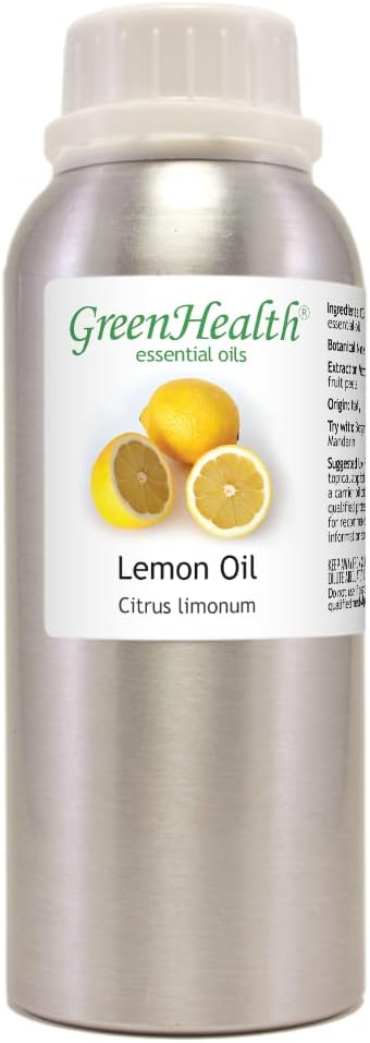 GreenHealth Lemon Essential Oil 8 fl oz (237 ml) – 100% Pure – Aluminum Bottle w/Plug Cap – Fresh Citrus Aroma for Diffusers, Candle & Soap Making, DIY Crafts