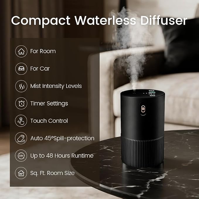 Waterless Diffuser for Essential Oil, Smart Car Air Freshener Diffuser, Scent Diffuser with Timer & 4 Mist Levels for Home, Room, Car, Office - Black