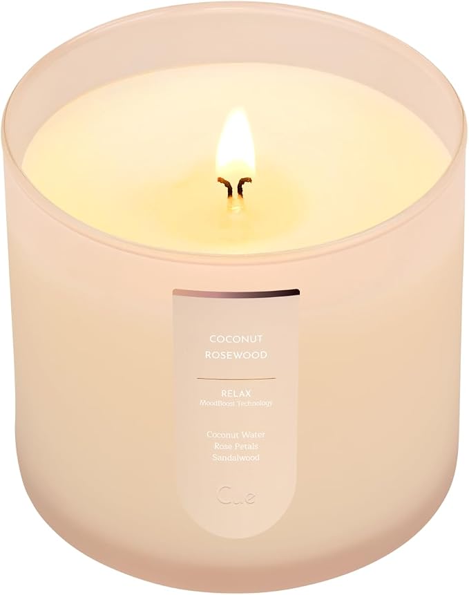 CUE Scented Candle |MoodBoost Essential Oils |OpenWick Clean Burning Candle | Soy Coconut Wax Blend | for Home | Mother's Day Candle Gift |Extended Burn Time (14oz, Coconut Rosewood)
