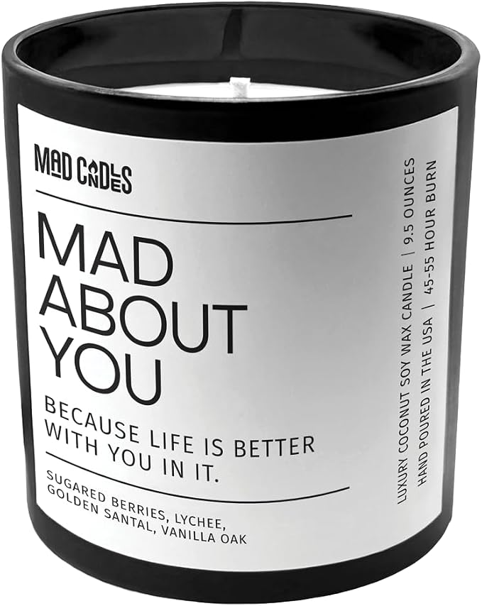 – Mad About You | Luxury Scented Candle for Bedroom & Living Room Décor | 9.5oz Coconut Soy Wax | Non Toxic | Long Burn Candle Jar for Home Fragrance & Valentine's Day Gift