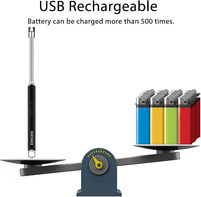 Rayonner USB Rechargeable Electric Candle Lighter Windproof Plasma Arc Lighter with Flexible Neck for Deep Jars, BBQ, Camping Flameless Fire Starter Christmas Stocking Stuffers Gift (Black&Black)