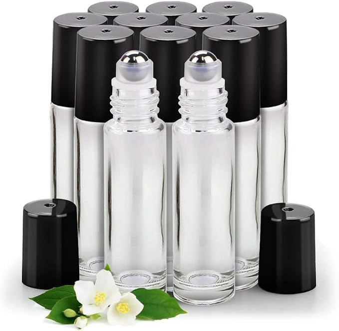 sungwoo 12 Pack Essential Oil Bottles, 10ml Clear Glass Bottles with Stainless Steel Roller Balls and Caps for Travel, Perfume and Lip Gloss
