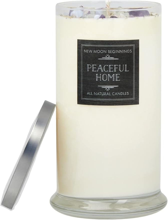 Peaceful Home® Candle by New Moon Beginnings - Stress Relief Candle - Energy clearing - All Natural Essential Oil Soy Candle - Crystal Candles (Peaceful Home, 21oz Glass Jar)