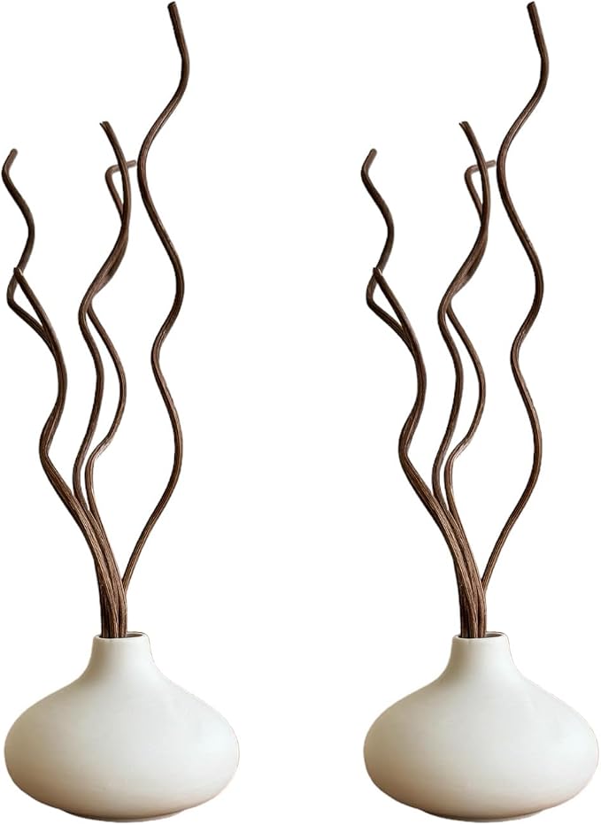 White Ceramic Vase, DIY Empty Reed Diffuser Bottle with Wavy Brown Rattan Sticks for Essential Oils, Set of 2, Aromatherapy, Modern Minimal Decor