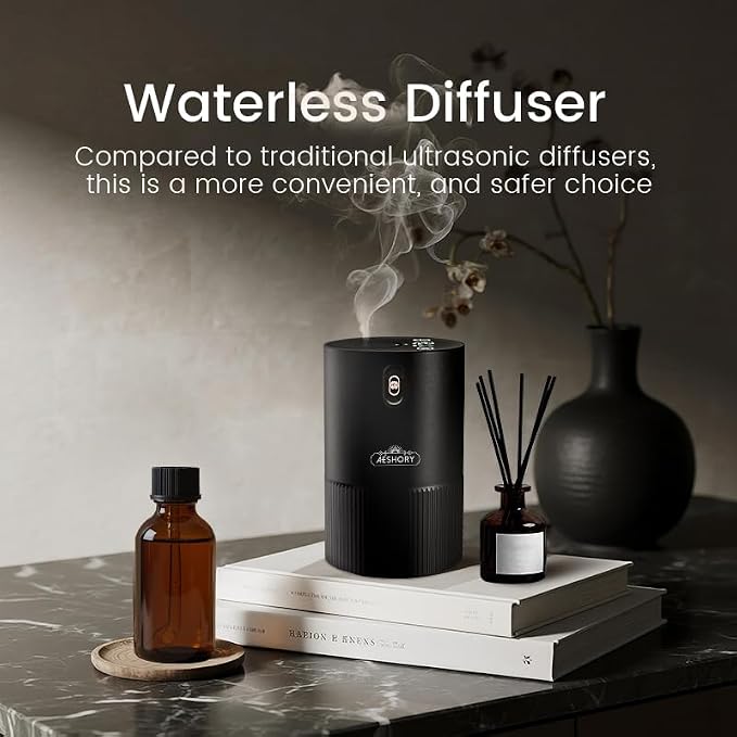 Waterless Diffuser for Essential Oil, Smart Car Air Freshener Diffuser, Scent Diffuser with Timer & 4 Mist Levels for Home, Room, Car, Office - Black