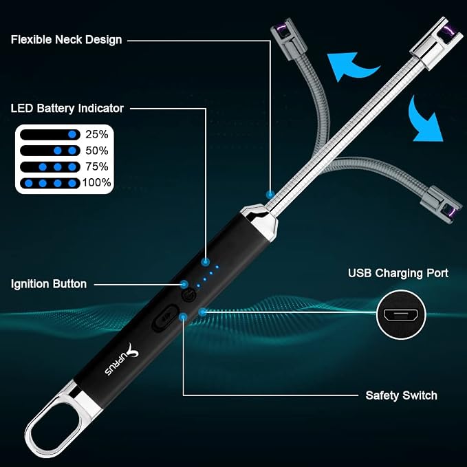 SUPRUS Lighter Rechargeable USB Lighter Arc Electric Lighetrs with Safety Switch 360° Flexible Neck Flameless Grill Long Lighters for Candle Camping Cooking (Black)