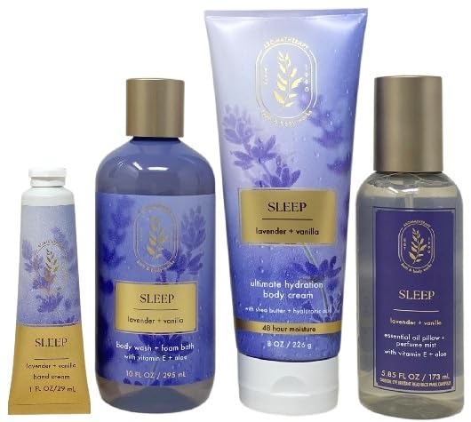 Bath & Body Works Aromatherapy Sleep Lavender + Vanilla Gift - Ultimate Hydration Body Cream, Essential Oil Mist, Body Wash & Foam Bath and Hand Cream - with a Natural Oats Sample Soap