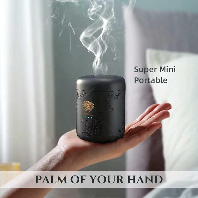 Mini Portable USB Smart Incense Burner, Rechargeable Arabic Oud Burner, Electronic Bukhoor Diffuser with LED Battery Indicator, Compact Aroma Diffuser for Home, Office, Car (Black)