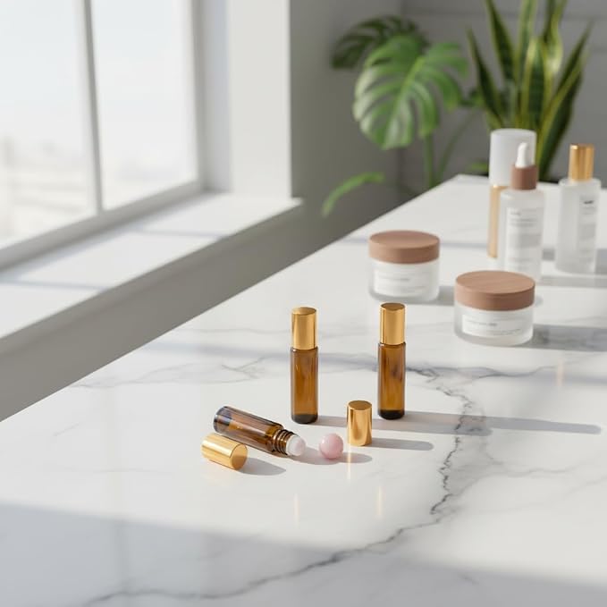 4 PACK Roller Bottles with Natural Rose Quartz Balls - 10ml Refillable Amber Glass Essential Oil Roll On Kit, Leak-Proof for Travel, Aromatherapy, DIY Perfume & Gifts (10ml Pink Glod Amber Bottles)