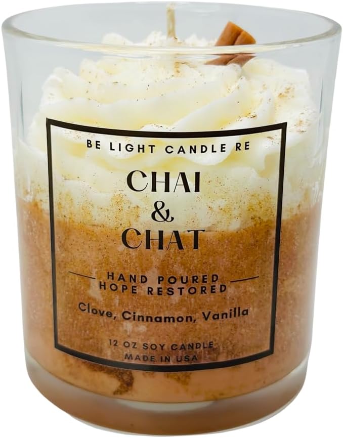 Cinnamon Candle | Purpose-Driven Soy Candles | 12oz Dessert Candle | Gifts for Women | Starbucks | Brown | Mother's Day Gift for Women | Be Light Candle RE (Chai & Chat)