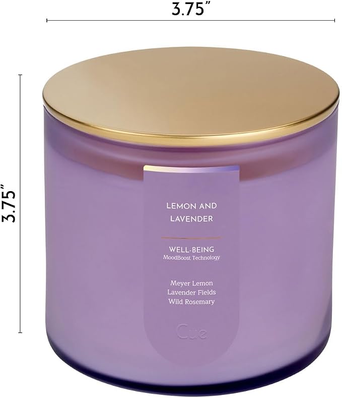 CUE Scented Candle |MoodBoost Essential Oils |OpenWick Clean Burning Candle | Soy Coconut Wax Blend | Candle for Home | Self-Care Gift for Women |Extended Burn Time (14oz, Lemon and Lavender)