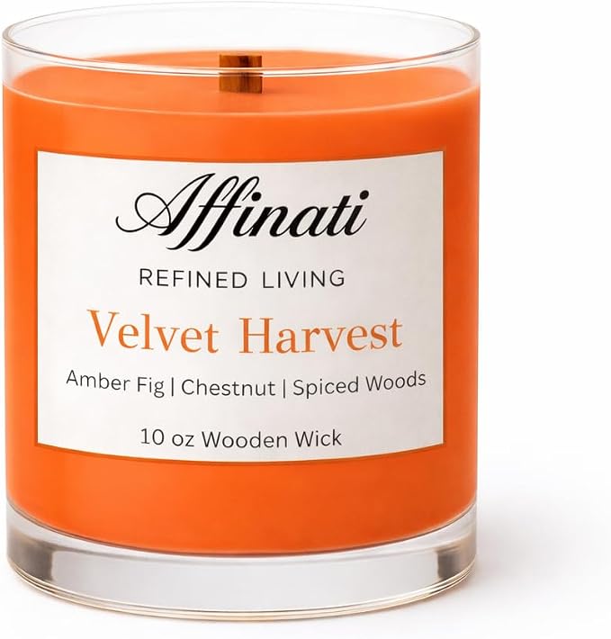 Affinati Velvet Harvest Scented Candle, 10 oz Wooden Wick Tumbler Jar – Highly Fragrant Cozy Autumn Fruits Aromatherapy, Fall Soy Gift