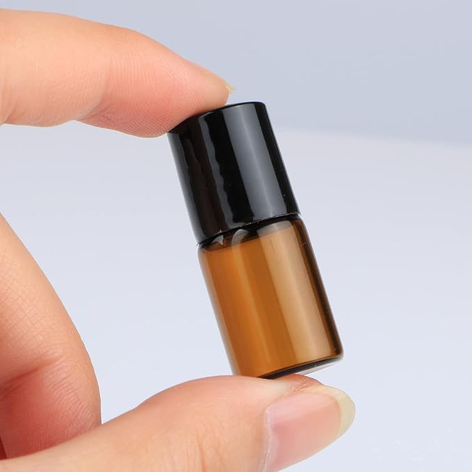 25 Pcs Essential Oil Glass Roller Bottles Mini Tiny Refillable Empty Aromatherapy Perfume Liquid Amber Glass Roll On Bottles Vials Metal Rollerball Bottles Jar (2ml)