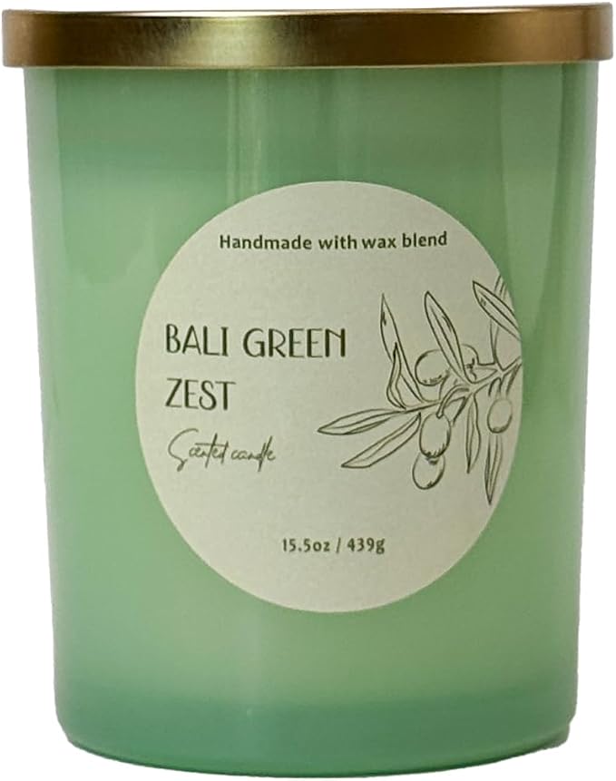 Bali Green Zest Scented Candle 15.5oz – CW Studio Color Glass Jar — Hand-Poured Soy & Paraffin Wax – Clean Burn, Smokeless, Up to 30 Hours, Home Decor & Gift Giving