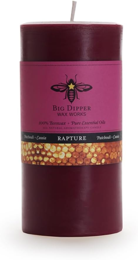 Big Dipper Wax Works 100% Pure Beeswax Pillar Candle, Raptuire (Patchouli & Cassia) Aromatherapy Candle with Pure Essential Oil, Non Toxic Natural Candle, 90 Hour Burn, Medium 3" x 6"