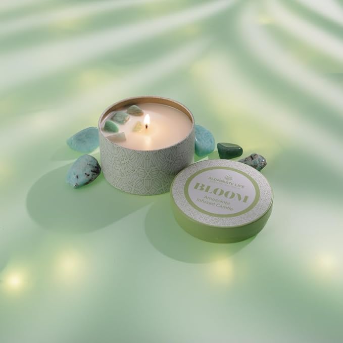 – Bloom Crystal-Infused Scented Candle Tin with Healing Amazonite - Lavender, Neroli & Jasmine, Hand-Poured Premium Coconut Wax, Luxury Gift, 6 oz