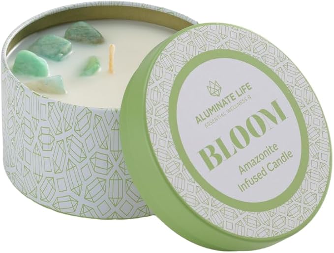 – Bloom Crystal-Infused Scented Candle Tin with Healing Amazonite - Lavender, Neroli & Jasmine, Hand-Poured Premium Coconut Wax, Luxury Gift, 6 oz