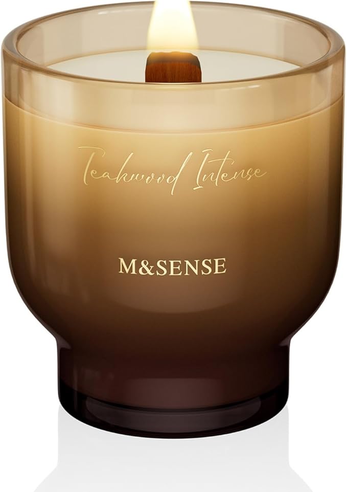 M&SENSE 9.9oz Natural Soy Wax Jar Candle with Wooden Wick | Teakwood Intense Scent | 55-Hour Burn & Long-Lasting Burn | Housewarming Gift for Men and Women